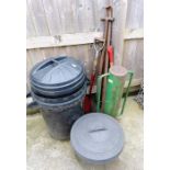 Post driver, 2 plastic dustbins and handles