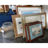 Framed paintings & prints along with a glass jar
