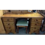 Modern pine knee hole desk with mirror and stool