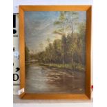 Oil on canvas of a river & woodland scene, signed