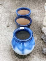 3 blue glazed plant pots