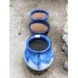 3 blue glazed plant pots