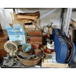Collectables to include large copper pans, spelter