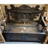 Old Charm style carved oak Monks bench