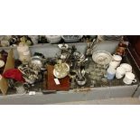 Part shelf of silver plated items, pewter mugs & c