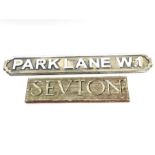 Two modern pine painted signs "Park Lane" and "Sev