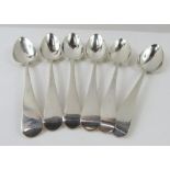 A set of five silver Georgian tea spoons, makers m