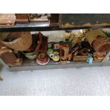 Shelf of items to include wooden boxes, jam pans,