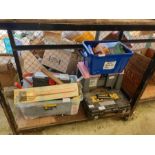 Shelf of tools, tool boxes, Dewalt drill & other g