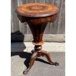 A Victorian rosewood inlaid sewing table, the hing