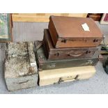 Four vintage suitcases and ammo box