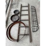 Wooden display ladder, metal plant basket, 2 metal