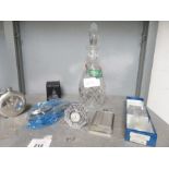 Waterford Crystal clock, decanter, hip flask and v