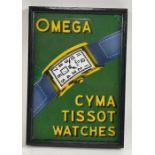 An Omega Cyma Tissot watch enamel sign, in a black