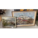 2 oil on board paintings of seaside town scenes
