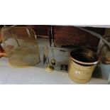 Brass coal bucket, brass fireside items and spit g