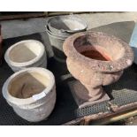 Galvanized buckets, urn planter & 2 reconstituted