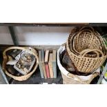 Collection of wicker baskets, pebbles, pewter tank
