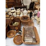 Wicker baskets, trays, brass candlesticks, ink wel