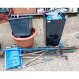 Collection of hand tools, plastic plant pots, hose