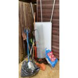 Garden tools, roll of fencing, sack truck & other