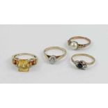 A 9 carat gold cultured pearl set ring; a citrine