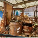 Fireside items including brass and copper coal scu