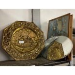 Large brass tray/plate, bevel edge mirror, paintin