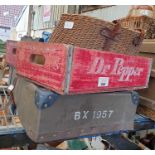 2 Dr Pepper wooden crates, wicker basket and other
