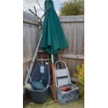 Garage equipment, parasol, galvanised tank, tools