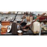 Copper coal scuttle, copper bed pan, 2 barometers