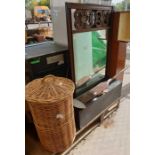 Wicker basket with lid, hardwood framed wall mirro