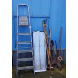 Metal ramp, metal step ladder and hand tools