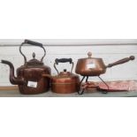 2 copper kettles & a copper saucepan on stand