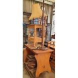 Oak trestle table, stripped pine side table in the