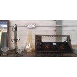 Oil lamp shades along with a copper & iron hanging