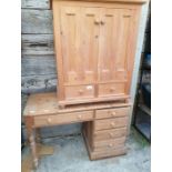 Modern pine kneehole desk and pine cupboard