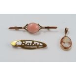 A coral bar brooch; a baby brooch; and a shell cam