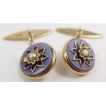 A pair of 9 carat gold enamel and cultured pearl s
