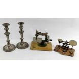 A vintage set of brass postal scales, along with a