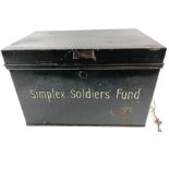 A small tin trunk painted "Simplex Soldiers Fund"