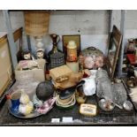 Brass framed mirror, enamelware, ceramic owls & ot