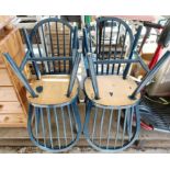 4 blue painted pine stick back dining chairs
