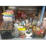 Vintage tins, brass easel, dvds & children's dolls