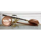 2 copper bed pans along with a brass kettle