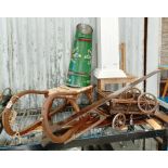 Vintage wooden sleigh, white painted pedestal/colu