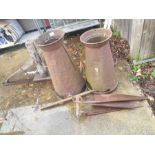 2 metal vintage milk churns along with tools