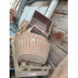 Various wicker baskets and wooden crates