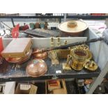 Brass and copper to include candlesticks, pan etc
