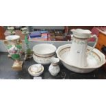 Victorian porcelain urn, 2 similar candlesticks an